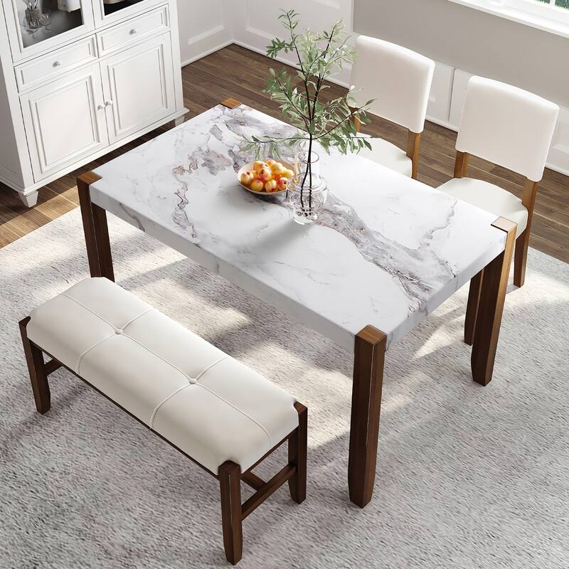 Dining Furniture Set, Faux Marble Table and Upholstered Chairs & Bench with Wood Legs