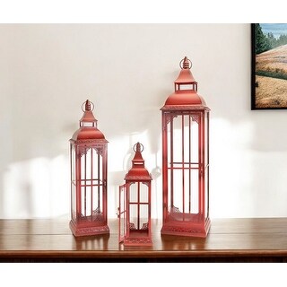 Set of Three Red Glass and Metal Ornate Floor Lantern Candle Holders ...
