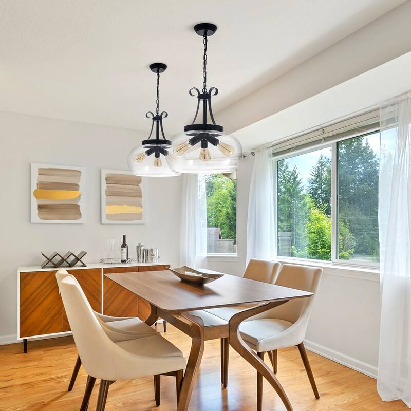 Simple and elegant adjustable height 3-light metal pendant lamp with glass lampshade