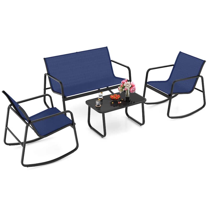 Gymax 4 Piece Rocking Bistro Set Patio Furniture Set w/ Loveseat 2 - Blue