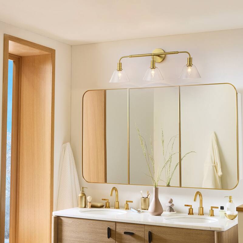 3-Light Modern Brass Bathroom Vanity Light with Clear Glass Shades - Gold Finish Wall Sconce for Bathroom Mirror - 3 Light