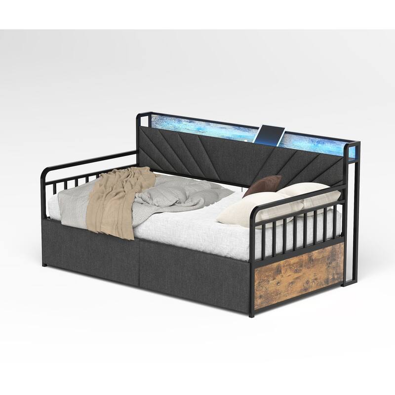 Compact Twin Daybed with Upholstered Headboard, Charging Station, and RGB LED Lighting