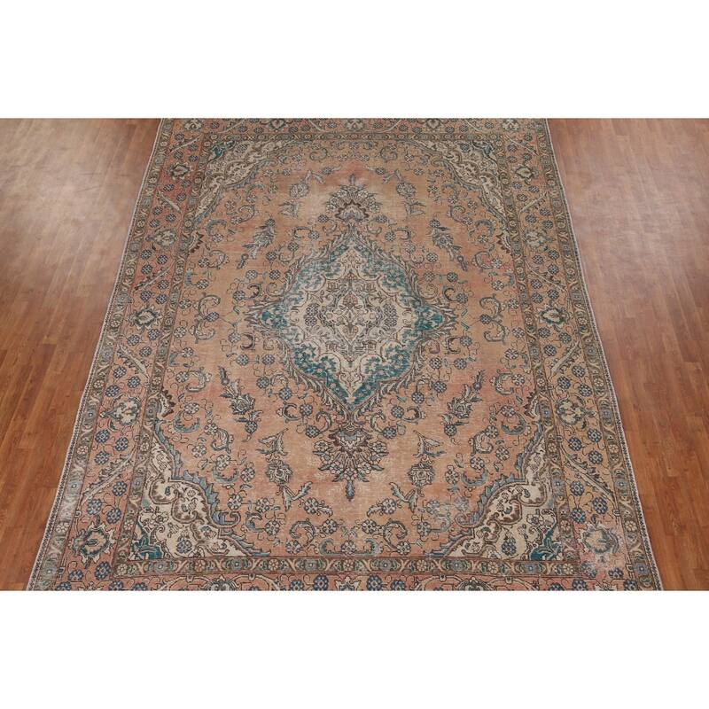 Distressed Tabriz Vintage Persian Rug Dining Room Handmade Wool Carpet - 9'3" x 12'9"