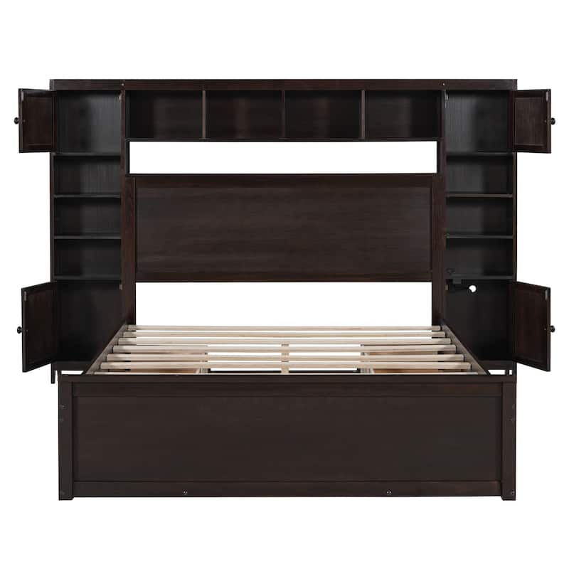 Queen Size Wooden Platform Bed with Built-in Cabinets, Shelves, and Outlets, Espresso Finish