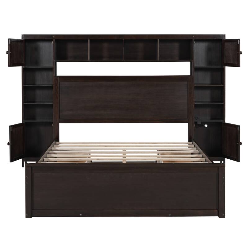 Wooden Platform Bed with Cabinet, Shelves, and Drawers