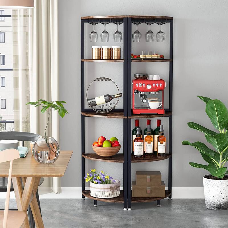 5-Tier Corner Shelf, Corner Bookshelf Small Bookcase with Wine Glass Holder Corner Stand Display Rack for Living Room