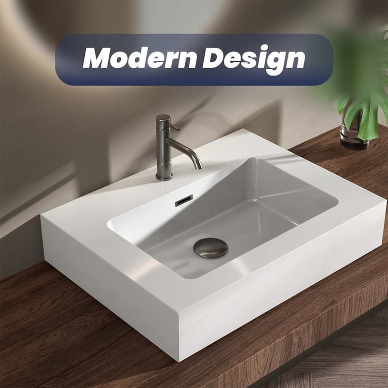 CITTANEO Modern Rectangular Bath Sink for Vanity Top, Solid Surface Vanity Sink with Gel Coat Finish, Single Hole Faucet