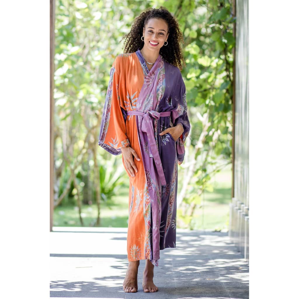 Novica Handmade Dusky Sunrise Hand-Stamped Batik Rayon Robe