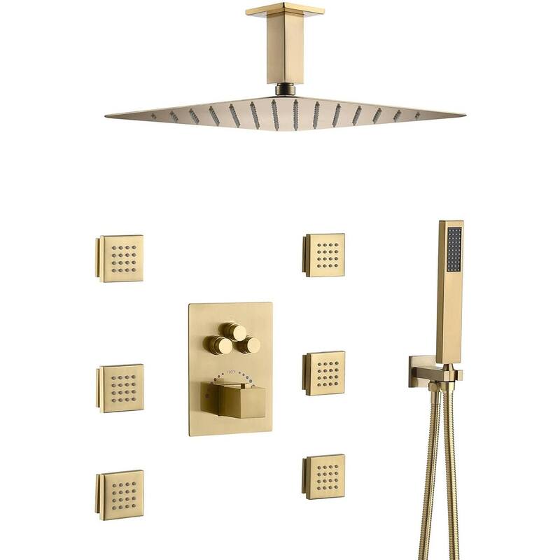 12" Ceiling Rainfall 3 Way Thermostatic Faucet Shower System w/6 Body Jets - Brushed Gold