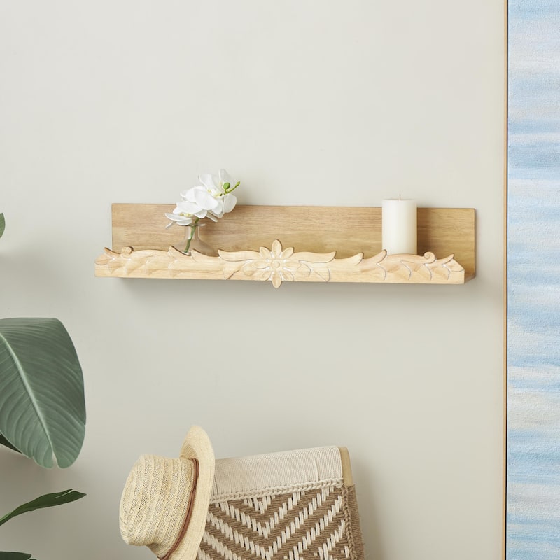 Wooden Floral Wall Shelf with Carved Scroll Lip - Light Brown - Roche River Decor