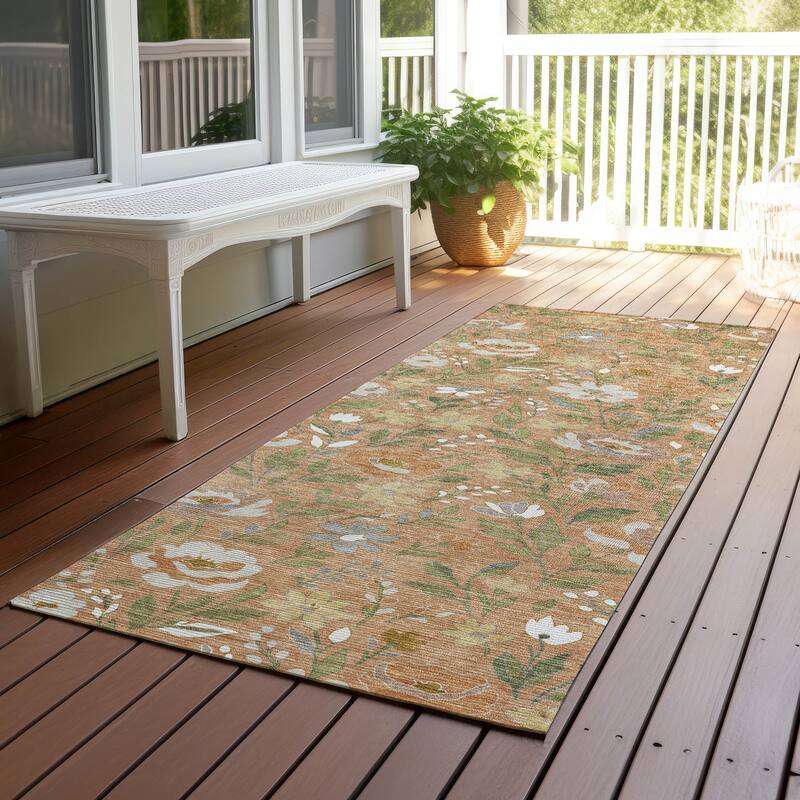 Machine Washable Indoor/ Outdoor Floral Garden Chantille Rug - Copper - 2'3" x 7'6"
