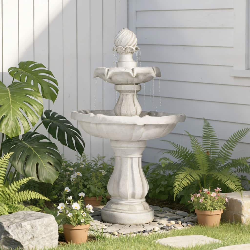 Christopher Knight Home - 2-Tier White 37.4"H Polyresin Outdoor Water Fountain with Recirculating Pump
