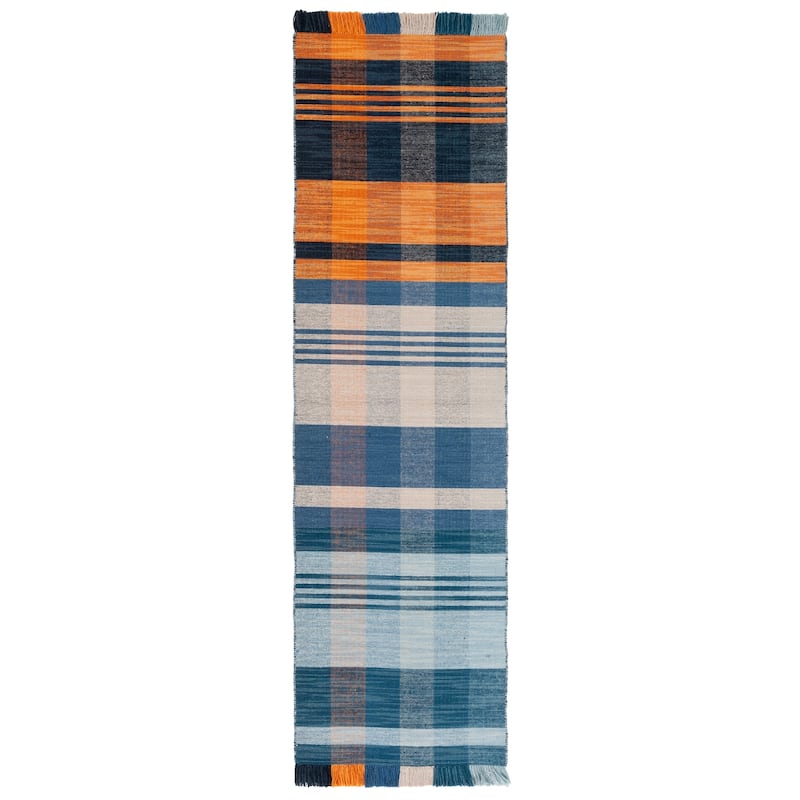 SAFAVIEH Striped Kilim Siofra Wool Fringe Rug - 2'3" x 8' Runner - Orange/Blue