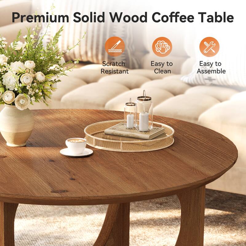 31.5-Inch Solid Wood Coffee Table, Farmhouse Round Center Table