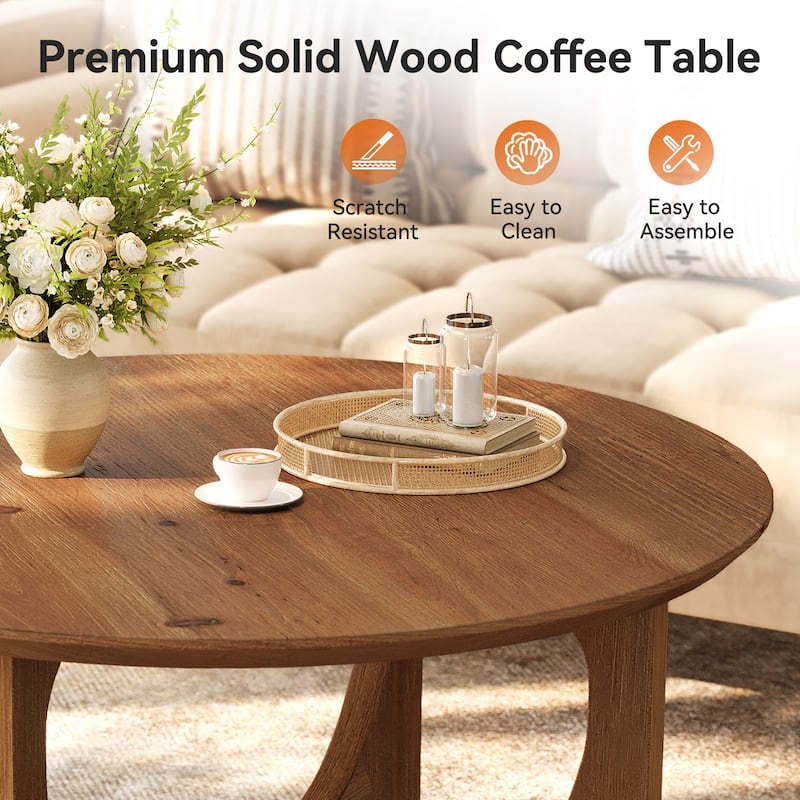 Solid Wood Coffee Table, Farmhouse Round Center Table for Living Room