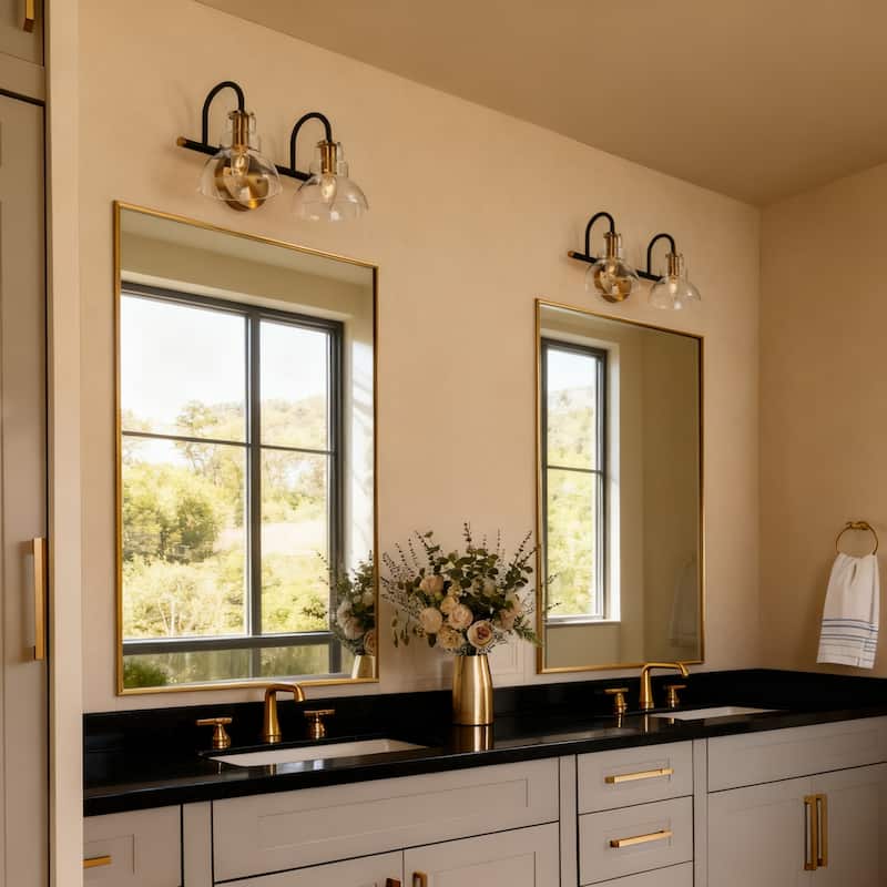 Modern Black Gold 2-Light Bathroom Vanity Light Wall Sconce with Clear Glass - 14.5" L x 7.5" W x 8" H