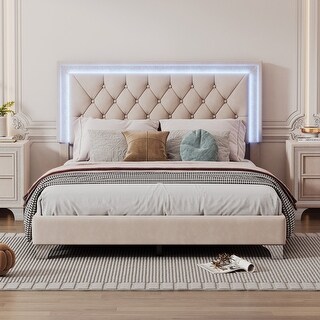Modern Full Size Velvet Upholstered Bed Frame with LED Lights - Bed ...