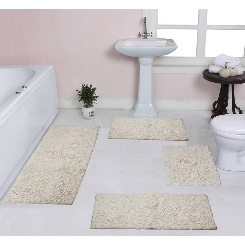 Home Weavers Modesto Collection 100% Cotton Bath Rug, Non-Slip Bath Rug, Extra Soft, Machine Wash, 4 Pcs Set with Runner - Ivory - 17"x24", 21"x34", 24"x40", 21"x54"