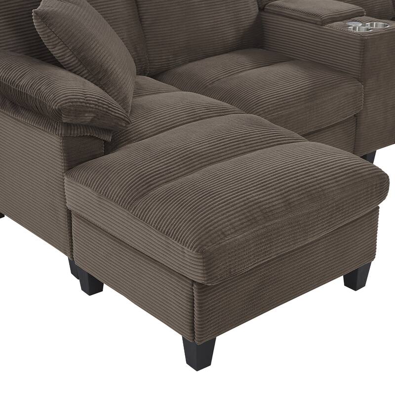 Corduroy Upholstered 4 Seat Sofa, U-shaped Sectional Sofa with Movable Storage Ottomans, Console, Cup Holders and USB Ports