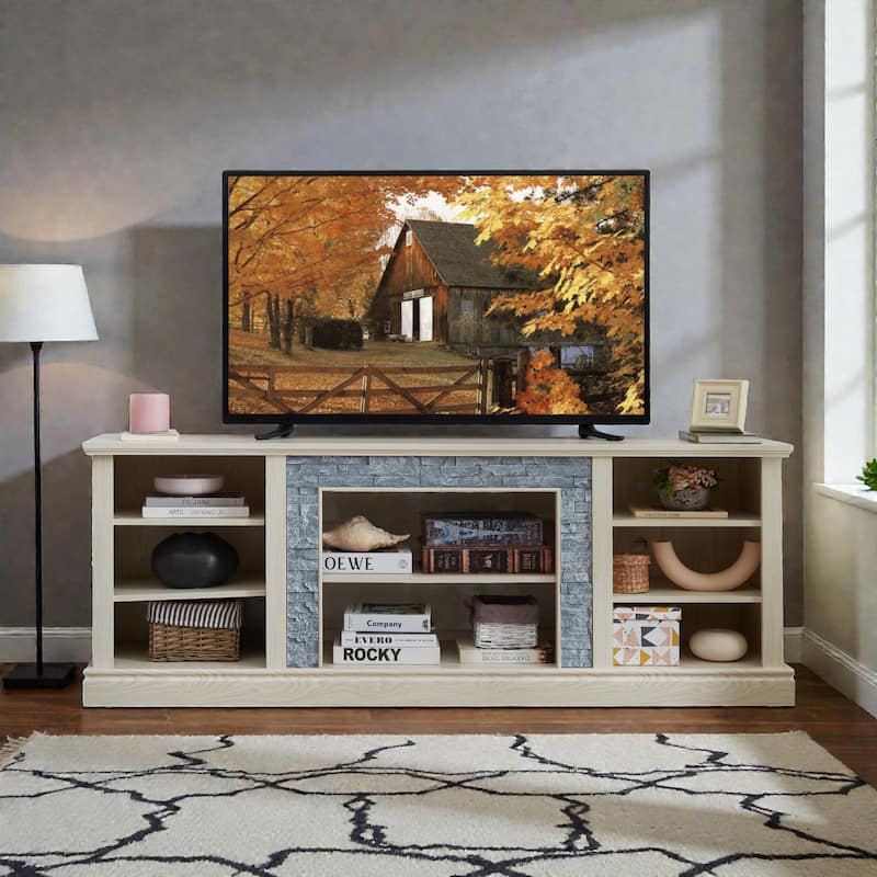 70" White Modern TV Stand with Faux Stacked Stone Surround, Large Media Console Cabinet for TVs up to 75" - White