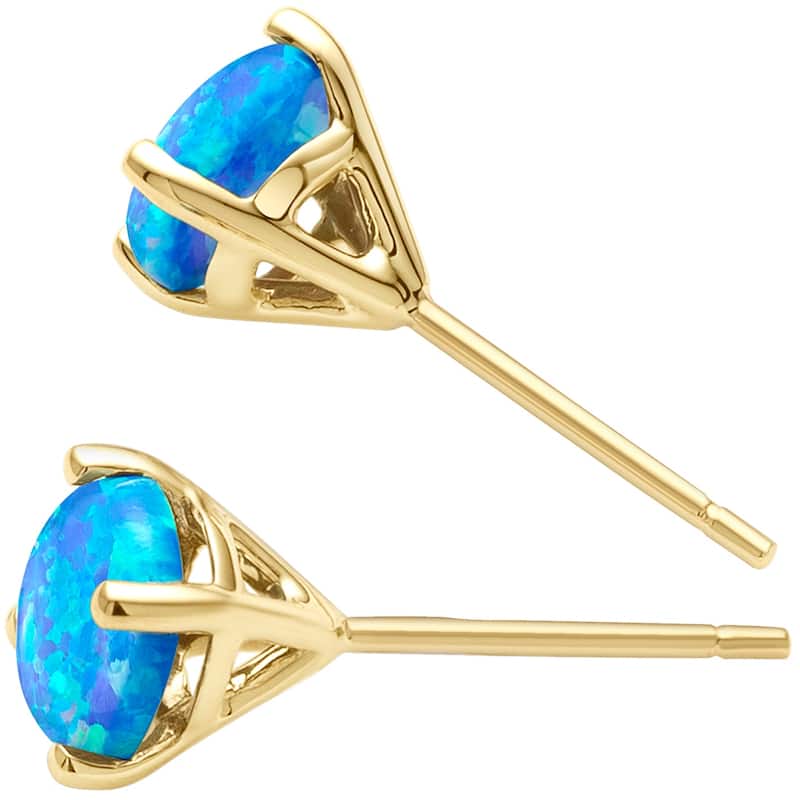 14k Yellow Gold Blue Opal Stud Earrings 1 ct Round Shape