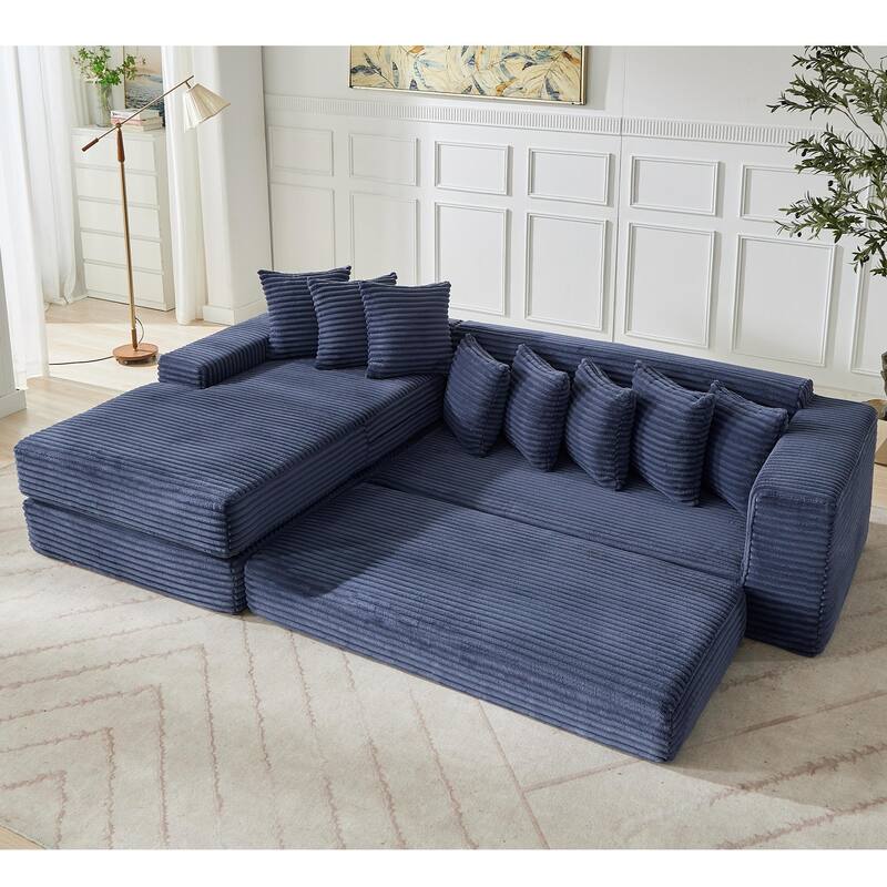 Floor Sleeper Sofa Bed Convertible L-shaped Modular Sectional Couch with Chaise, Corduroy Compression Sofa with Side Pockets