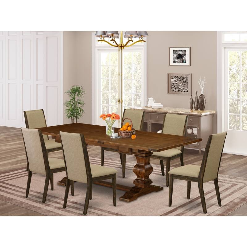 French Country Dinette Set - 7 Piece Dining Set with Chairs - Linen Fabric - Antique Walnut & Distressed Finish - 92