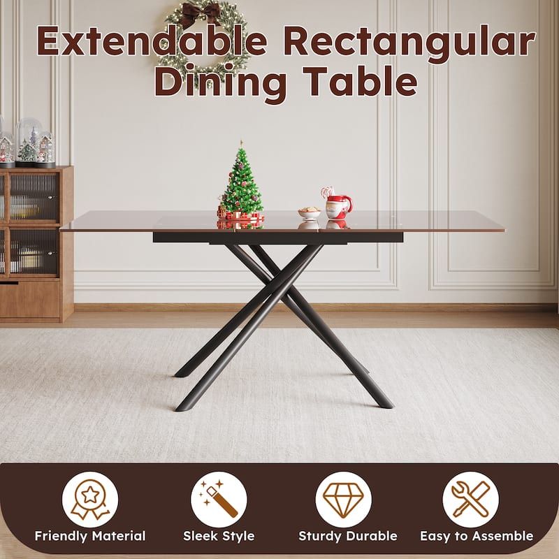 Roomfitters 59" Expandable Dining Table, Sandblasted Glass Top, Carbon Steel X-Base for 4-6 Person, Black