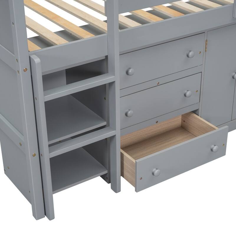 Twin Size Low Loft Bed With Pull-Out Desk, Drawers, Cabinet, and Shelves