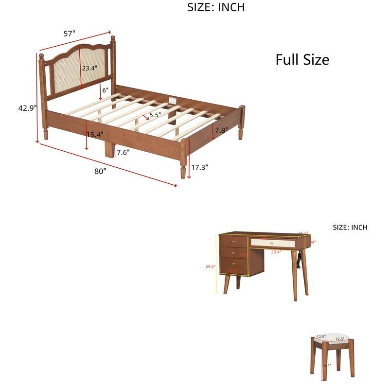 2-Pieces Bedroom Sets,Queen Size Wooden Platform Bed with Natural Rattan Headboard,and Wooden Makeup Vanity Set
