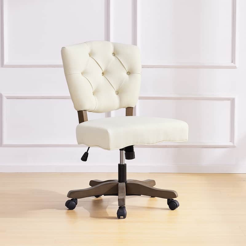 Home Computer Office Chair with Wheels Beige/ Cream/ Grey Adjustable Height, Linen Fabric Upholstered Chair Swivel - White