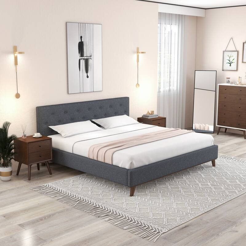 Queen Size Modern Upholstered Platform Bed with Tufted Headboard and Solid Wood Frame, Fabric Grey