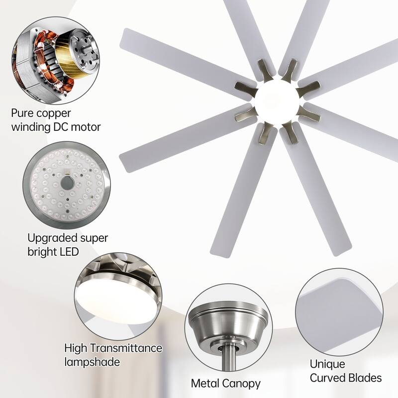 52 Inch/66 Inch/72 Inch Modern Ceiling Fan with Dimmable LED Light ,Remote&APP Control,8 Blades for Large Living Room,Porch