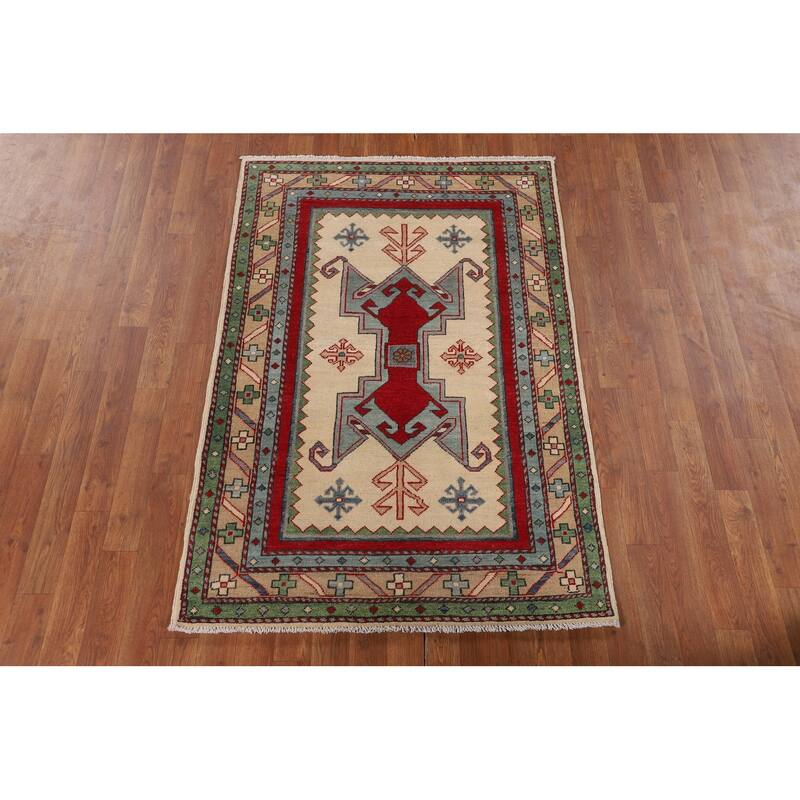 Ivory Kazak Accent Rug Handmade Wool Carpet - 3'4" x 5'0"