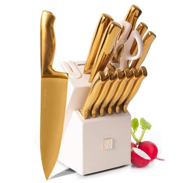 White and Gold Knife Set with Sharpener 14PC Self Sharpening Knife