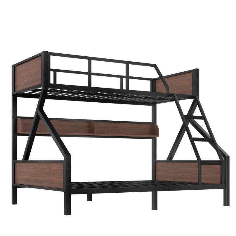 Metal Bunk Bed with Wood Storage Shelves and Light Strip, Noise-free Design Bed Frame with Guardrails, Ladder and Headboards