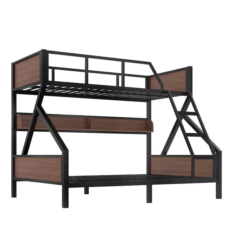 Twin XL over Queen Bunk Bed, Metal Bunk Bed with Storage Shelves and Lights, Space-saving & Noise-free Design, Black
