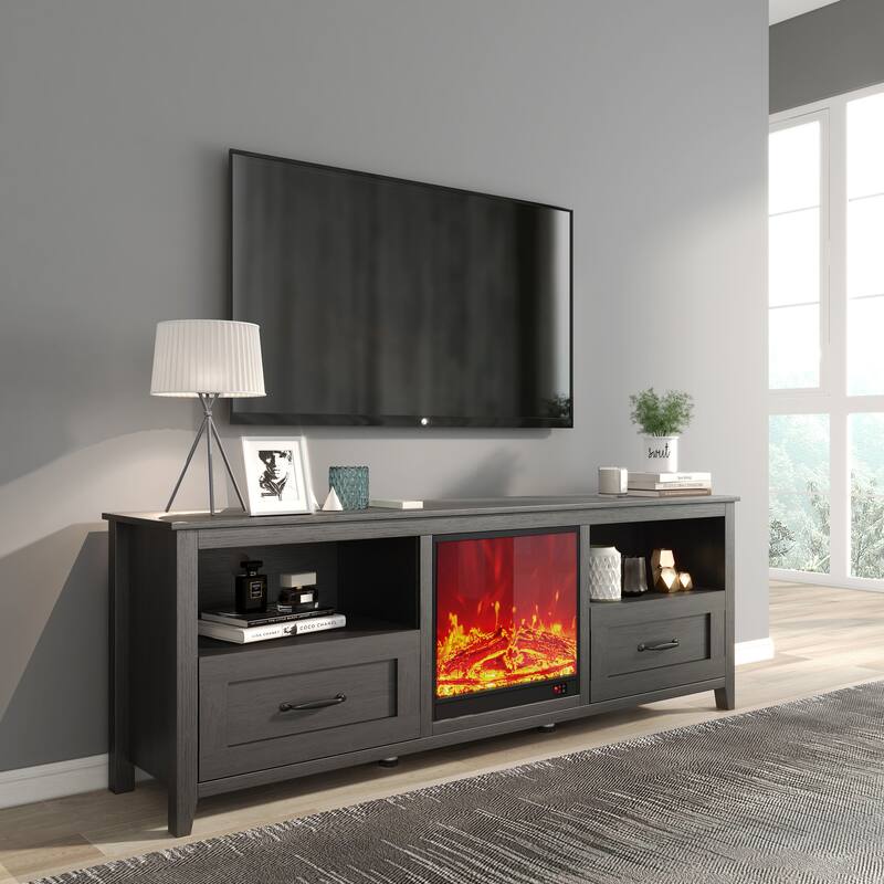 Industrial TV Stand with Fireplace Insert, 2 Drawers, and 4 Storage Compartments, Fits TVs up to 70 Inches - Black