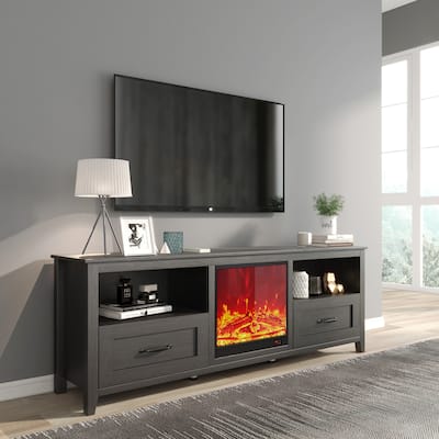 Industrial TV Stand with Fireplace Insert, 2 Drawers, and 4 Storage Compartments, Fits TVs up to 70 Inches