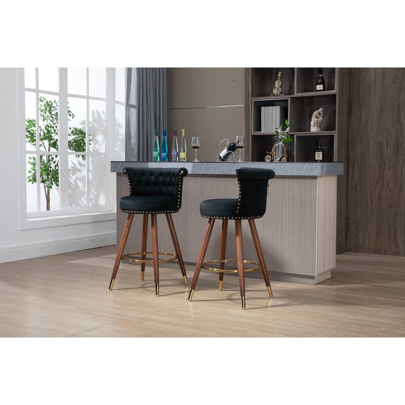 Counter Height Bar Stools Set of 2, Kitchen Bar Stools with Solid Wood Legs, Upholstered Dining Room Chairs with Footrest