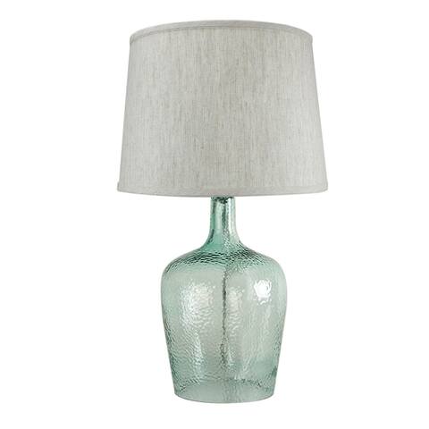 19"h Artisanal Hand-Blown Aqua Green Sea Glass Coastal Style Table Lamp with Textured Oatmeal Drum Shade