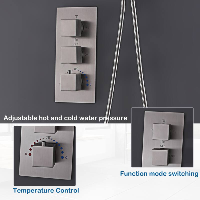 LED 4-Way Complete Rain and Waterfall Shower System with 3 body Jets & High-pressure Handheld, Ceiling Mounted