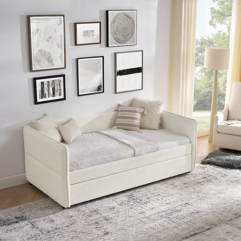 Boucle Fabric Daybed with Trundle Upholstered Tufted Sofa Bed