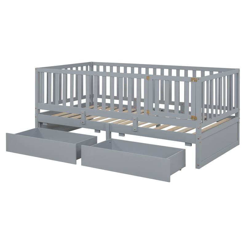 Twin Size Convertible Wood Daybed & Floor Bed with Fence Guardrails and 2 Drawers