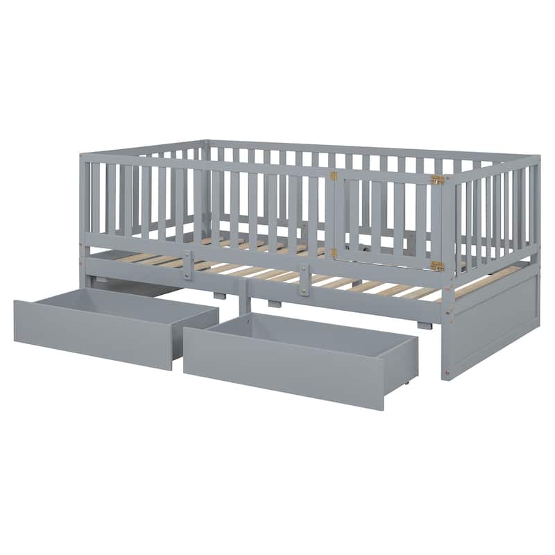Wood Daybed with Fence Guardrails and 2 Drawers