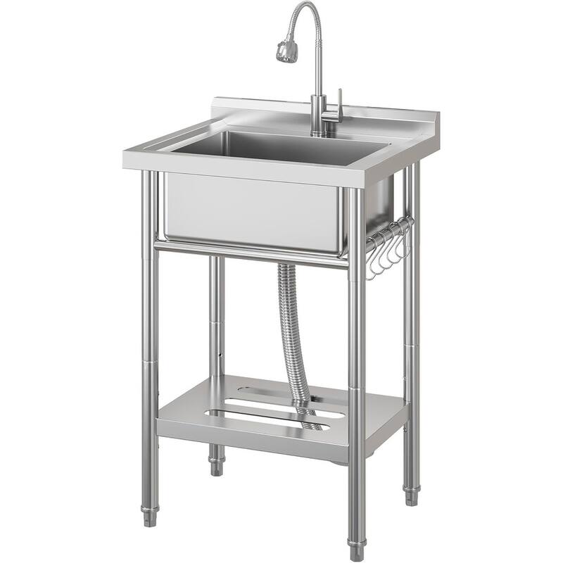 Freestanding Single Bowl Commercial Sink with Adjustable Legs, Storage Shelf, S-Hooks - 23 x 19 x 35.4inch