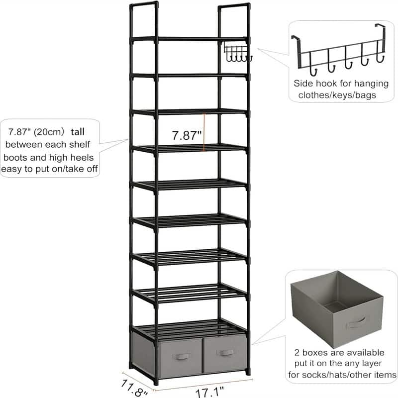 Tall Shoe Rack Narrow 10 Tier Shoes Rack - 11.8"D x 17.7"W x 78.7"H