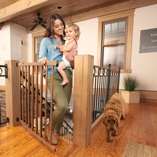 slide 2 of 10, Evenflo Walk-Thru 32" Top of Stairs Baby Gate Farmhouse Collection