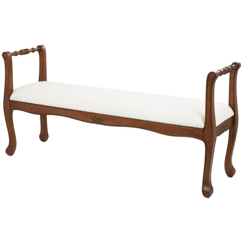 Cream Fabric Arm Home Bench with Brown Traditional Wood Turned Legs