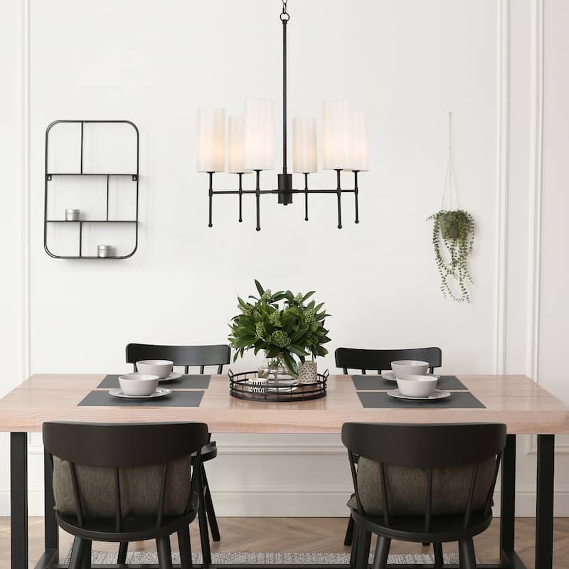 Chiry Mid-Century Modern 6-Light Off-White Fabric Shade Wagon Wheel Chandelier - D 24" x H 30"